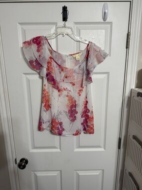 Floral Ruffle Off-Shoulder Blouse - Pink & Coral